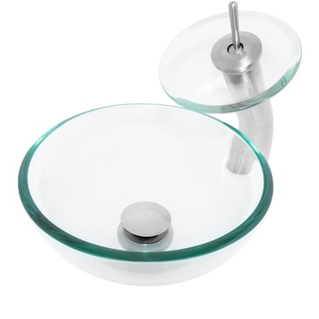 Novatto Clear Mini Glass Vessel Sink and FALLS Faucet Set in Brushed Nickel NSFC-8048-1217003BNC